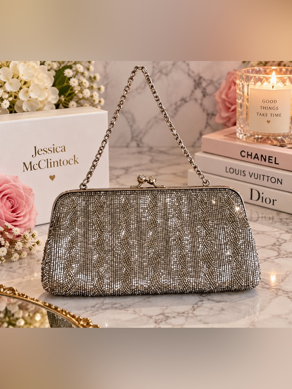 Elegant Vintage Jessica McClintock Silver Mesh Evening Clutch with Chain Strap